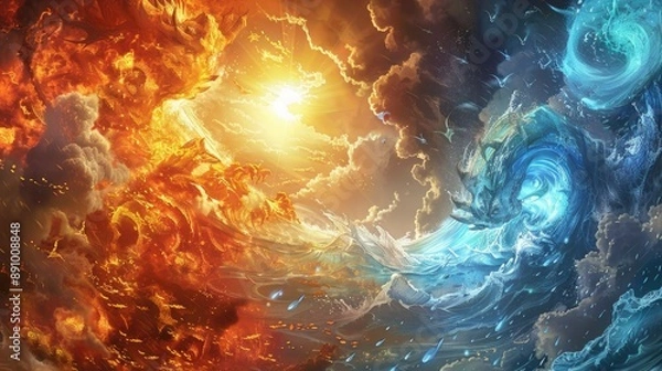 Fototapeta Elemental avatars of fire and water engaged in an elemental war beneath a blazing sun and turbulent storm clouds.
