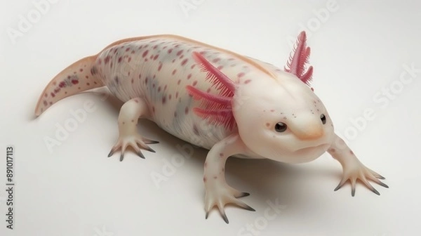 Fototapeta An axolotl swimming, 3D illustration, realistic and whimsical, isolated on white background