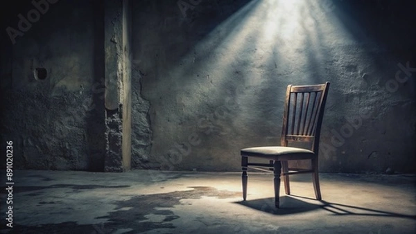 Fototapeta A dimly lit, eerie atmosphere surrounds a solitary, worn-out chair, symbolizing the crushing isolation and despair of drug addiction and suicidal tendencies.