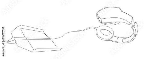 Obraz One continuous line of Paper Airplane with Headphones. Thin Line Illustration vector concept. Contour Drawing Creative ideas.