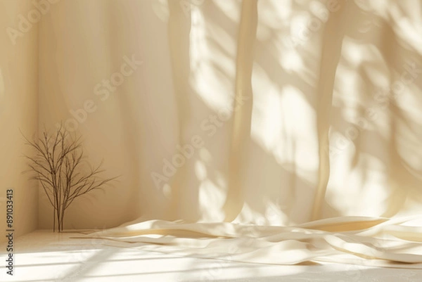 Fototapeta Minimalistic Light Beige Background with Window Shadows and Vegetation for Product Presentation