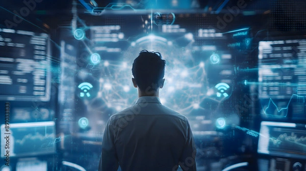 Fototapeta Man Viewing Holographic Data Interface