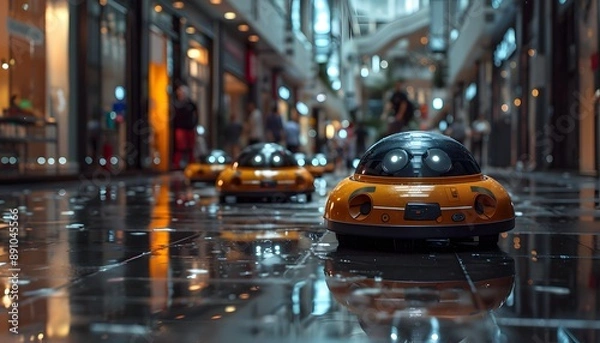 Fototapeta A futuristic, yellow car with big headlights is parked on a wet, shiny street