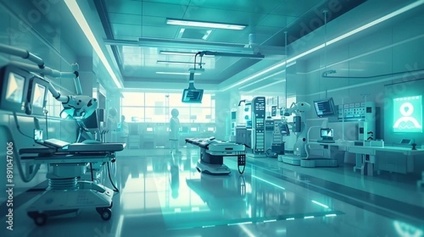 Fototapeta Innovative hospital integrating artificial intelligence and robotic surgeons for advanced and efficient healthcare delivery