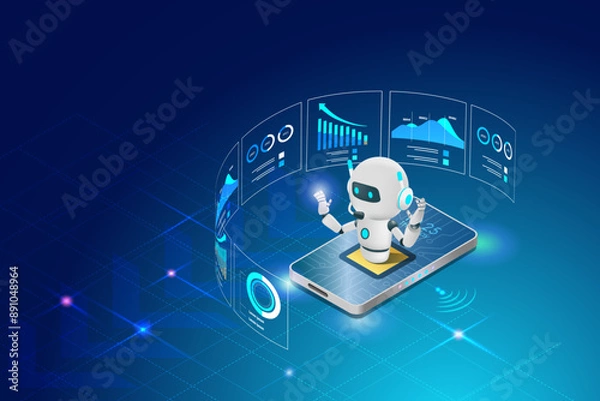 Obraz AI chat robot analyzing business graph chart data on smart phone. Artificial intelligence technology revolution and development, machine learning. Implement of robotic science research in business.