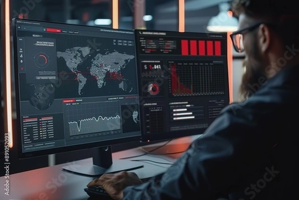 Fototapeta IT specialist monitoring a network on a screen with the CrowdStrike dashboard, highlighting real-time protection