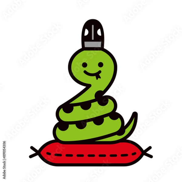 Fototapeta かわいいヘビのイラスト素材。座布団に座った、漫画風のヘビの和風アイコン。