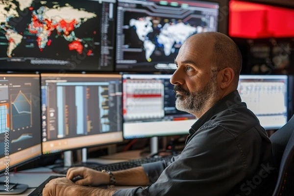 Fototapeta Security analyst reviewing threat reports from anti virus on multiple monitors