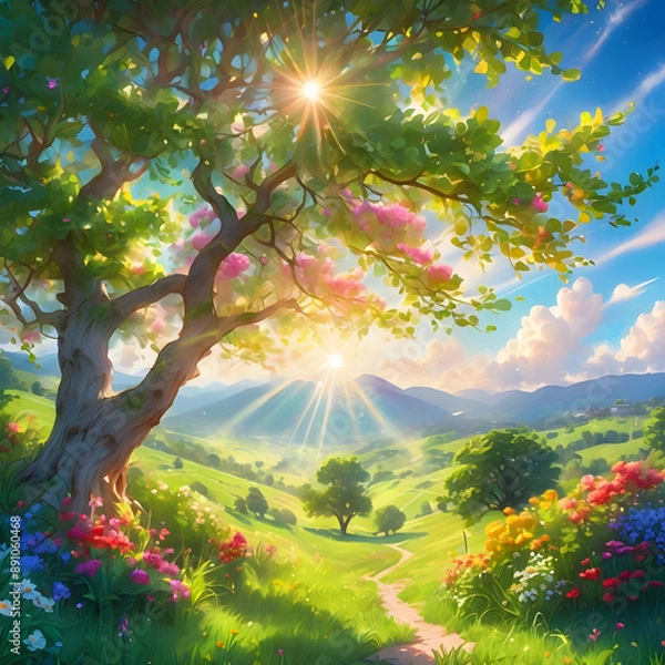 Obraz landscape with trees and sun