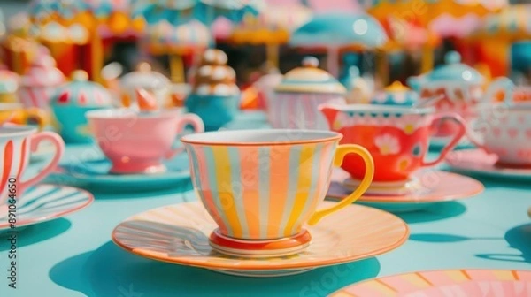 Fototapeta Close-up view of a vibrant teacup ride with colorful decorations at a fair, creating a joyful and festive atmosphere..