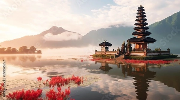 Fototapeta Ancient pura ulun danu bratan, besakih or famous hindu temple and tourist in bali island at sunrise