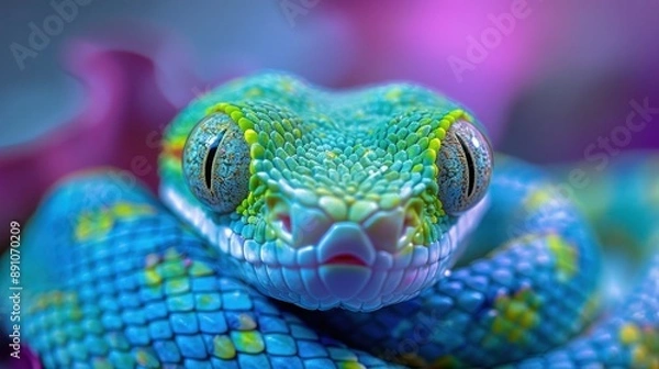 Obraz White-Lipped Tree Viper in Vibrant Blue Habitat