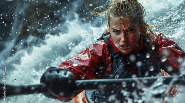 Fototapeta female_blonde_kayaker_in_stormy_waters