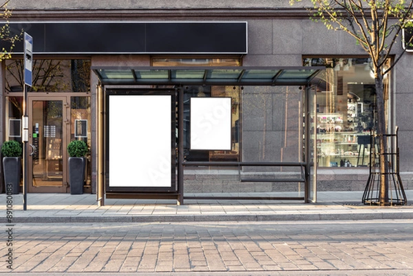 Fototapeta Mockup Of Empty Bus Stop Billboard In Front Of Cosmetic Store. Two Blank Advertising Displays On The Sidewalk