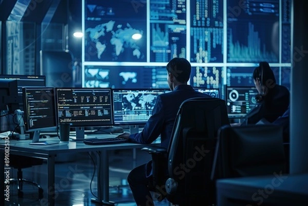 Fototapeta Cybersecurity operations center (SOC) with analysts at computer stations. Dimly lit with multiple screens. High-tech office background.