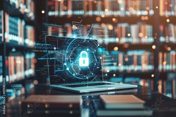 Fototapeta Network security audit report on a laptop surrounded by cybersecurity books. Soft daylight. Library study background.