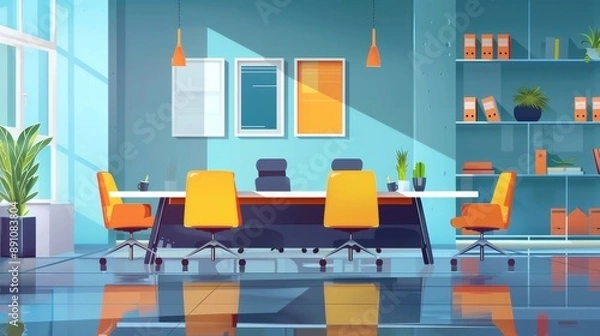 Fototapeta Modern Flat Design Conference Room with Professional Theme in Cartoon Drawing Style, Minimalist Side View with Vivid Colors