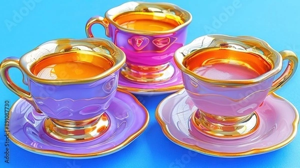 Fototapeta   Three purple and gold cups and saucers on a blue and pink tablecloth with a golden rimmed saucepan and saucer