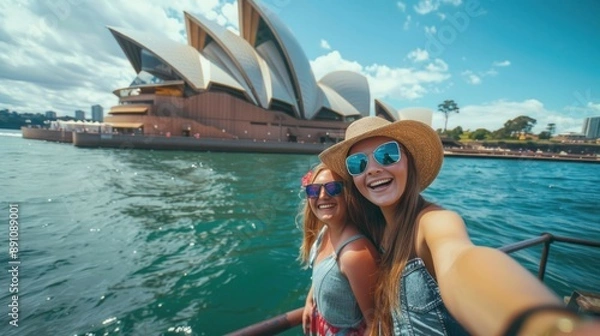 Obraz Happy tourists take selfies in front of the Sydney Opera House. Enjoy the summer vacation. travel concept