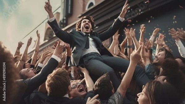 Fototapeta Photograph of a businessman in a suit and tie crowd-surfing at a rooftop bar, his colleagues cheering him on