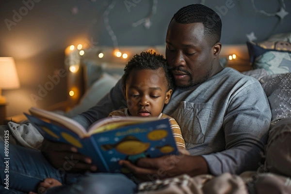 Obraz A father reading a bedtime story to his young son in a cozy, dimly lit room, emphasizing family bonding and bedtime routines.