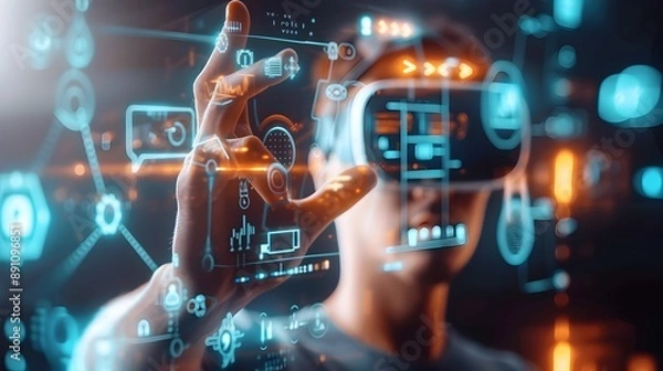 Fototapeta Man Wearing VR Headset Pointing to Glowing Holographic Display with Futuristic Interface