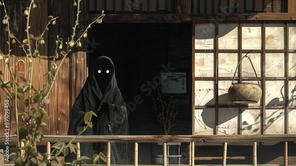 Fototapeta A tengu observing the house from the attic