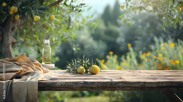 Fototapeta Natural wooden table and organic cloth with olive tree plant. Product placement mockup design background. Outdoor tropical summer scene with rustic vintage countertop display