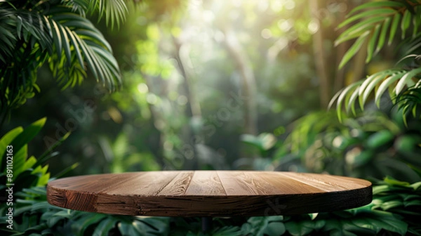 Fototapeta Table top wood counter floor podium in nature outdoors tropical forest garden blurred green jungle plant background.natural product present placement pedestal stand display,spring or summ