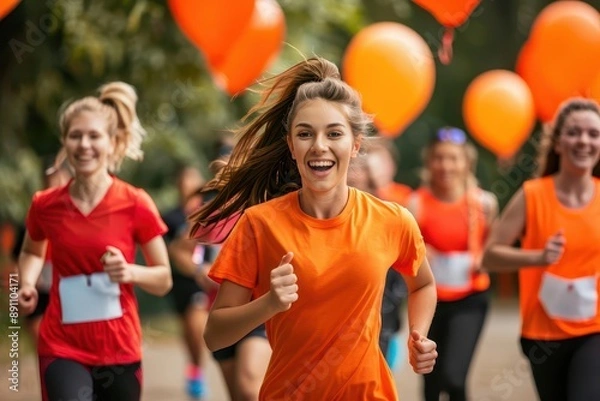 Obraz Group of enthusiastic runners in a fun race, wearing vibrant orange shirts, smiling and enjoying an outdoor event with balloons in the background.