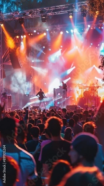 Obraz Vibrant concert scene with energetic crowd, illuminated stage, and captivating lights creating a lively atmosphere.