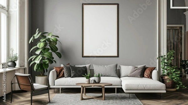 Fototapeta Modern Living Room Interior with White Sofa and a Large Blank Canvas