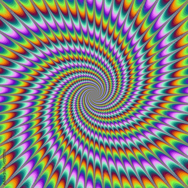 Obraz Dizzy Swirl / Cyfrowy abstrakcyjny obraz fraktalny z wymagającym optycznie projektem wiru w kolorze żółtym, pomarańczowym, niebieskim, zielonym, turkusowym i fioletowym.