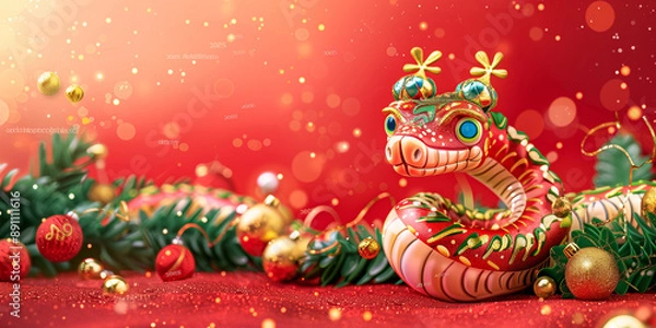 Fototapeta A festive snake adorned with golden and red decorations, surrounded by Christmas ornaments and evergreen branches, set against a warm red background with sparkles and bokeh lights.