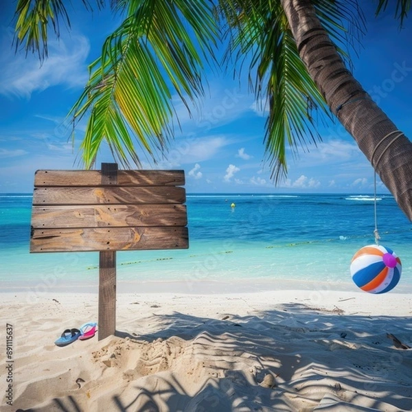 Fototapeta An empty wooden signboard attached to a palm tree on a serene beach, with a beach ball and flip-flops nearby.