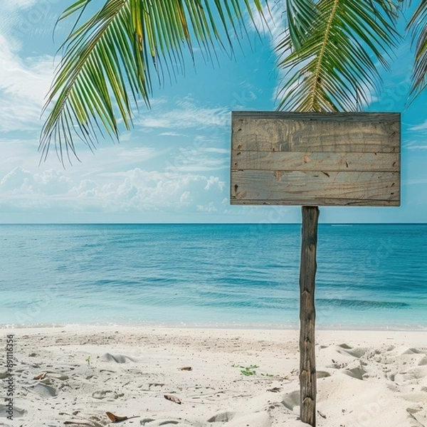 Fototapeta A simple wooden signboard on a palm tree on a white sandy beach, with a clear horizon line and calm ocean waters. 