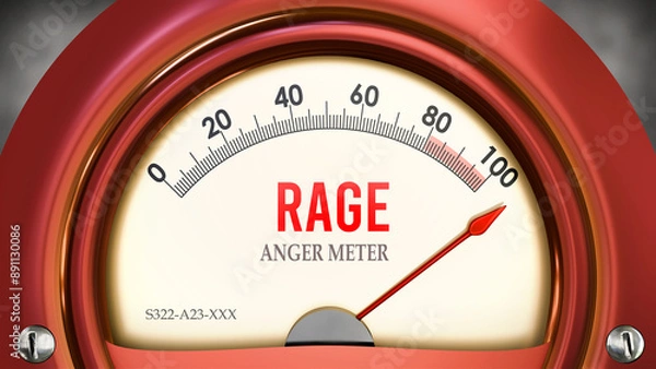 Fototapeta Rage and Anger Meter that is hitting a full scale, showing a very high level of rage, overload of it, too much of it. Maximum value, off the charts.  ,3d illustration