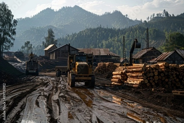 Fototapeta Resource management at a lumberyard, particularly in pulpwood processing, involves efficiently overseeing and optimizing the use of timber resources.