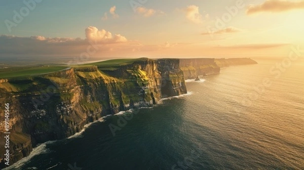 Fototapeta View of the world famous Cliffs of Moher, evening aerial view at sunset