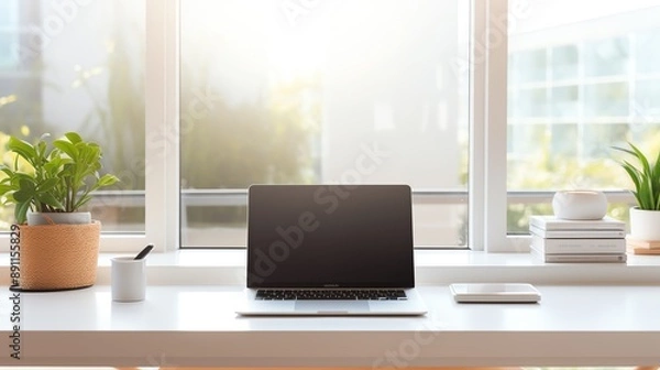 Fototapeta A high-resolution photo of a clean and modern office workspace with a laptop and notepad, soft natural light.