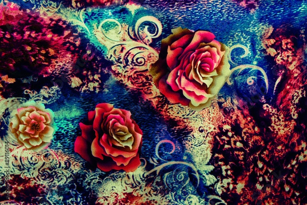 Fototapeta texture of print fabric striped leopard and flower for backgroun