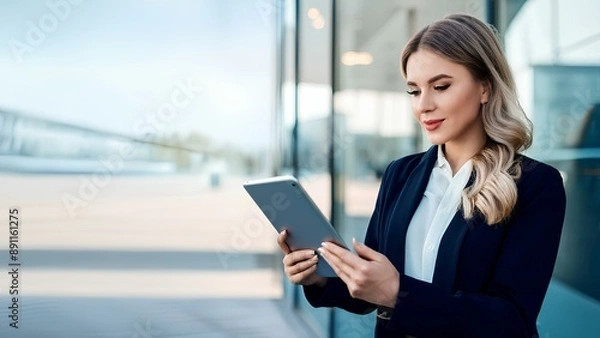 Fototapeta Modern girl with a tablet in her hands. Business woman looking at information on a tablet. Lady businesswoman uses computer technology.