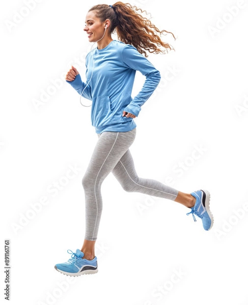 Fototapeta Running Towards Goals: A determined woman in athletic wear strides forward with a focused expression, her hair flowing in the wind. This image captures the energy and spirit of a dedicated runner.