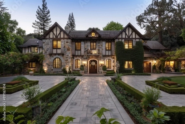 Fototapeta A dwelling with a unique theme and detailed facade design features a residence that stands out due to its distinctive architectural style and elaborate exterior detailing.