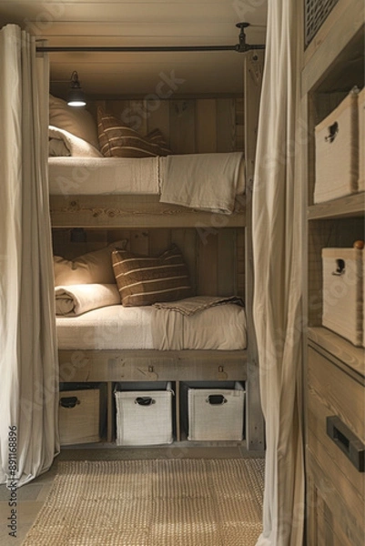 Obraz a bunk bed with a trundle bed pulled out, displaying the additional storage bins beneath. The room have a playful yet orderly decor, suitable for children or guests. 