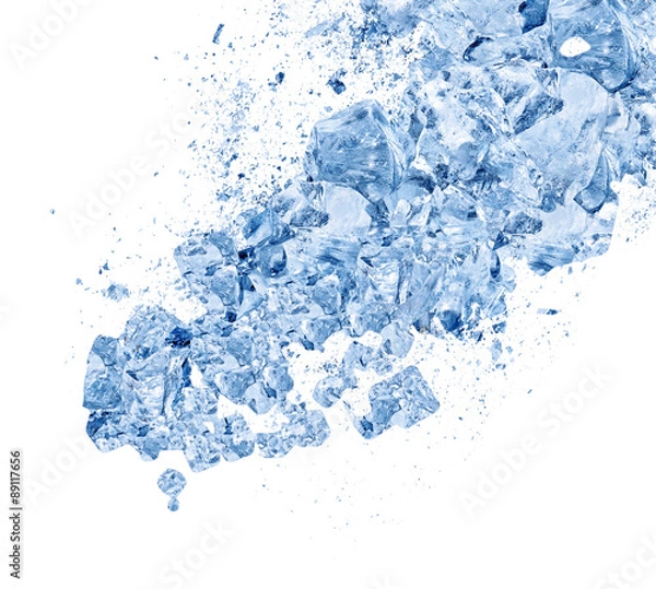 Fototapeta Abstract blue Ice crash explosion parts on white background. Collision, suspension crystal ice cubes damage.