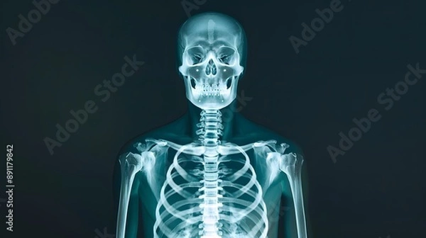Fototapeta X-Ray of a Full Skeleton: Complete X-ray image of a human skeleton in an upright position.
