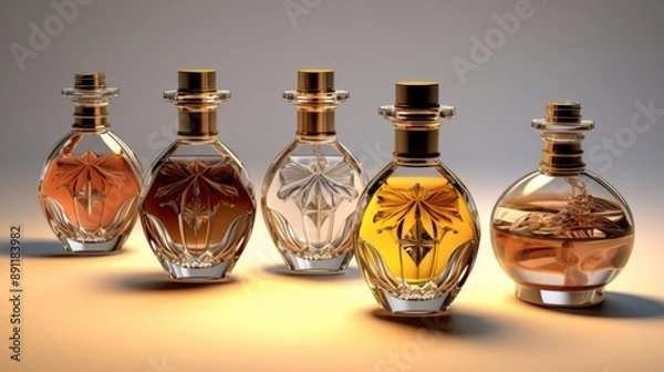 Fototapeta Five Glass Bottles of Perfume in a Row