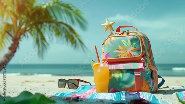 Fototapeta A school backpack with a summer theme, set on a beach towel with sunglasses and a tropical drink.