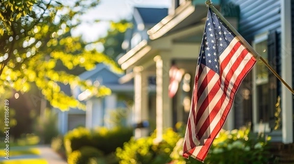 Obraz Patriotic american flag on corner of residential house with blurred background on sunny day 